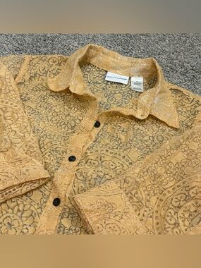 Alfred Dunner Vintage 90s Shirt 16 Sand Yellow Sheer Satin Jacquard Boho Floral